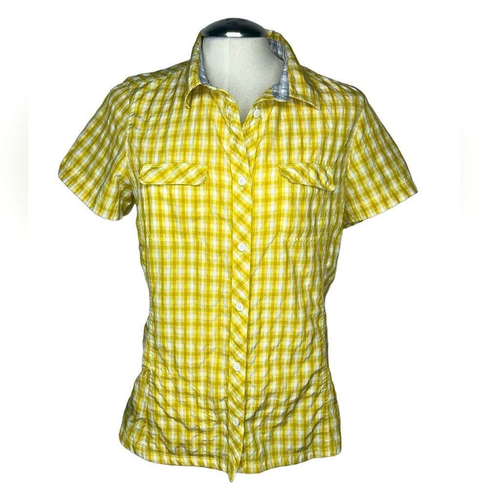 Eddie Bauer Yellow White Plaid Button Down Short Sleeve Shirt Size M